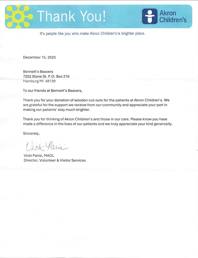 Thank you from Akron's Children's Hospital to Bennett's Beavers